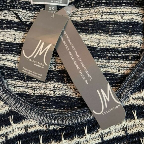 JM Collection Plus 2X Navy Color Striped Textured Weave 3/4 Sleeve Sweater - Picture 6 of 6